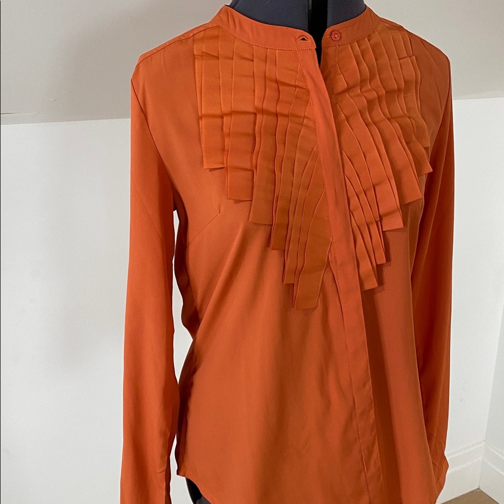 Burnt Orange Button-Up Blouse with Ribbon Pleat Detail